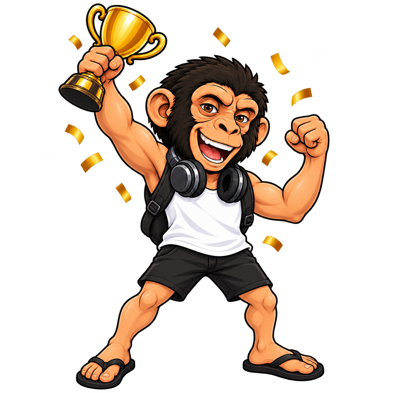 Mascote do Macaco do ENEM comemorando a conclusão da trilha, erguendo um troféu dourado entre confetes