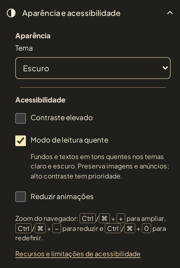 Menu de aparência no tema Escuro, com Modo de leitura quente ativado e interface em tons de carvão e amarelo.