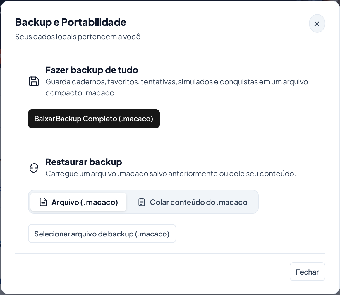 Janela Backup e dados com controles de exportação e importação do progresso local.