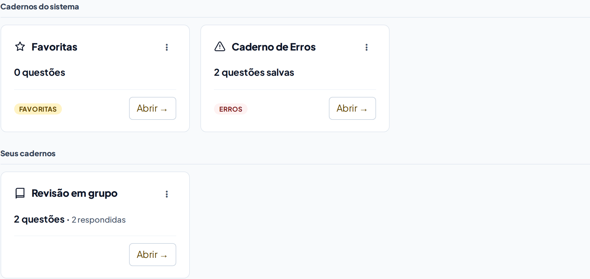 Meus Cadernos de Estudo com Favoritas, Caderno de Erros e um caderno personalizado.