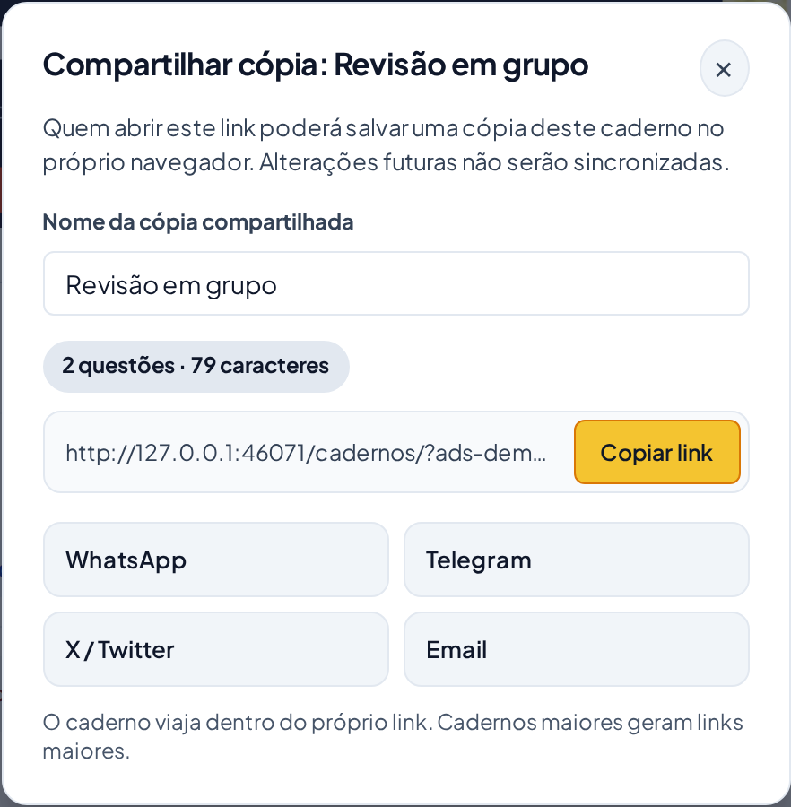 Modal Compartilhar cópia do caderno com nome, URL, botão Copiar link e canais de compartilhamento.