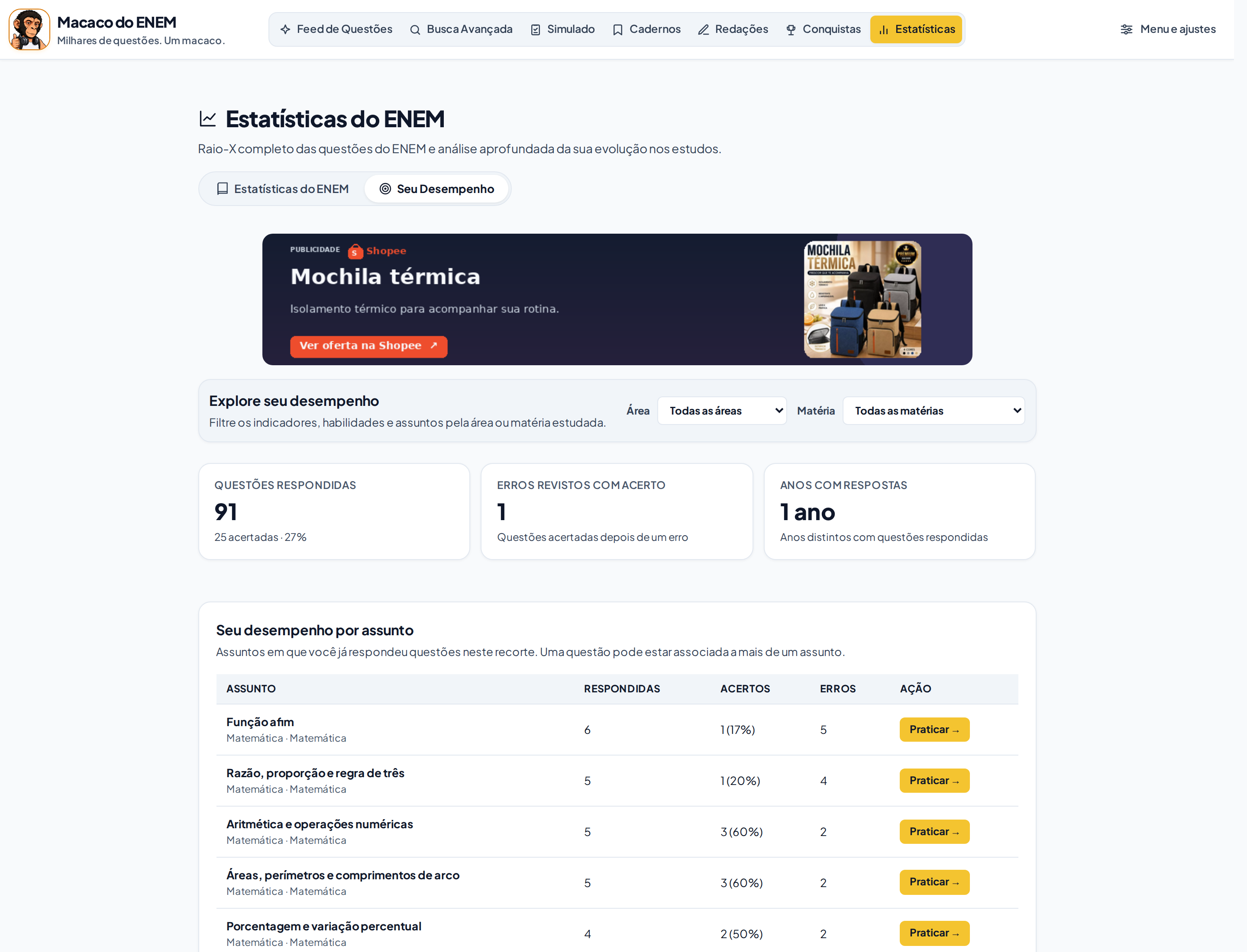 Estatísticas pessoais com questões respondidas e indicador Erros revistos com acerto.