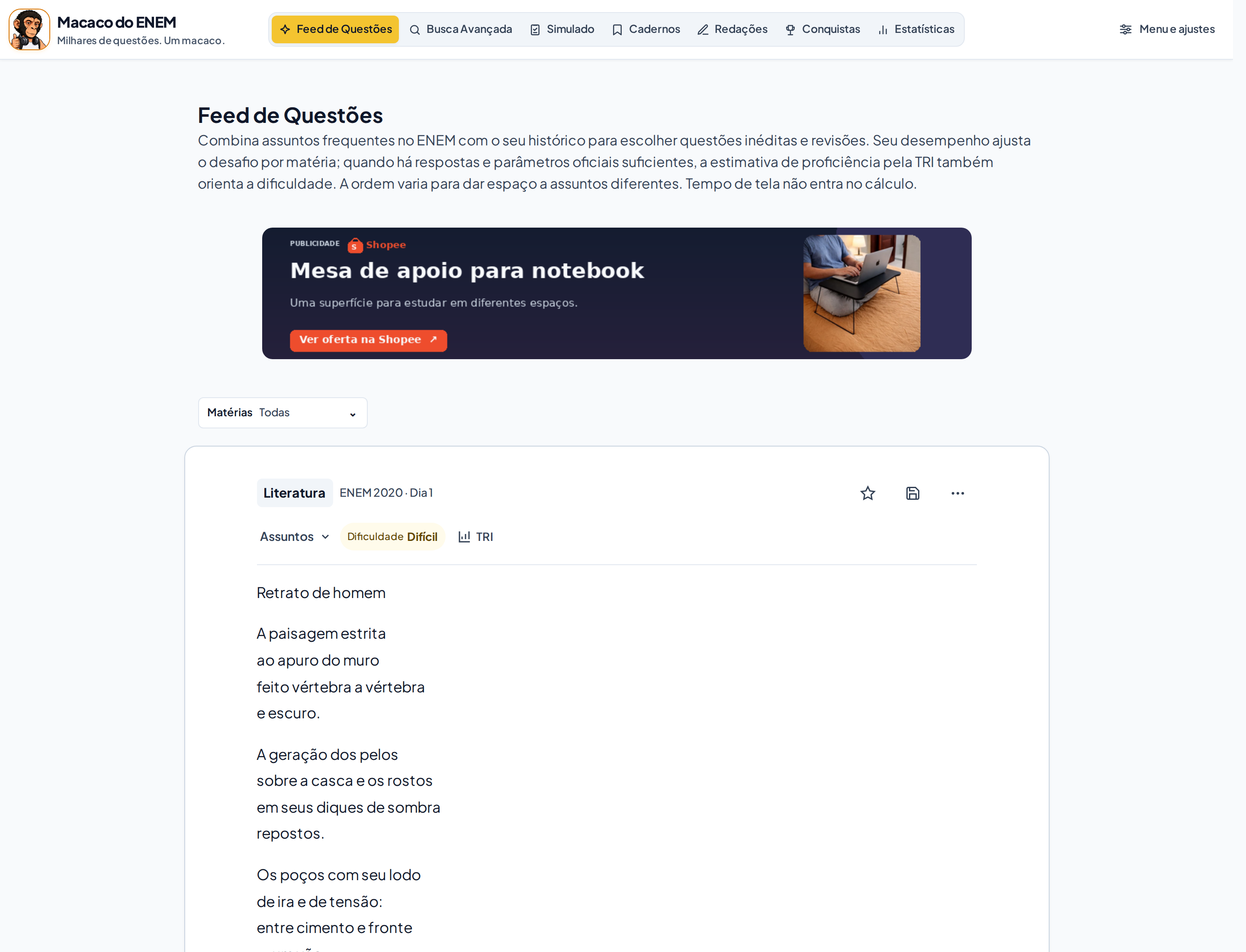 Feed de Questões do Macaco do ENEM com explicação da seleção adaptativa e seletor de matérias.