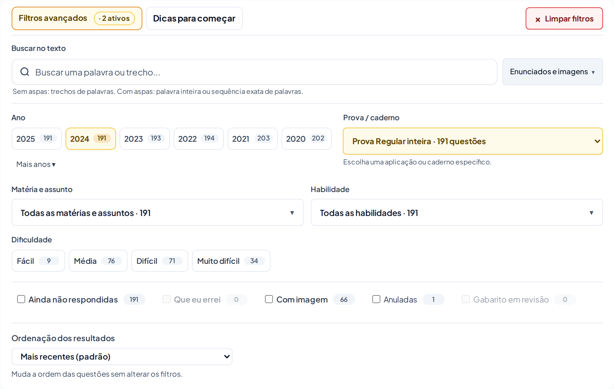 Busca Avançada com ano 2024 e aplicação Regular selecionados nos filtros.