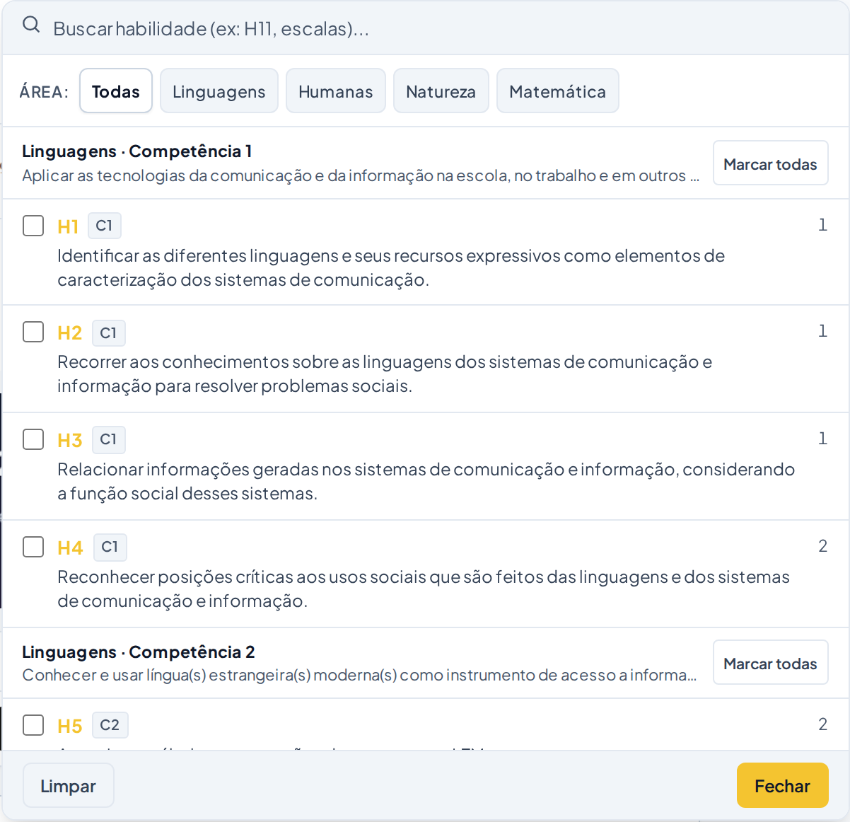 Filtro de habilidade da Busca Avançada com habilidades e contagens.