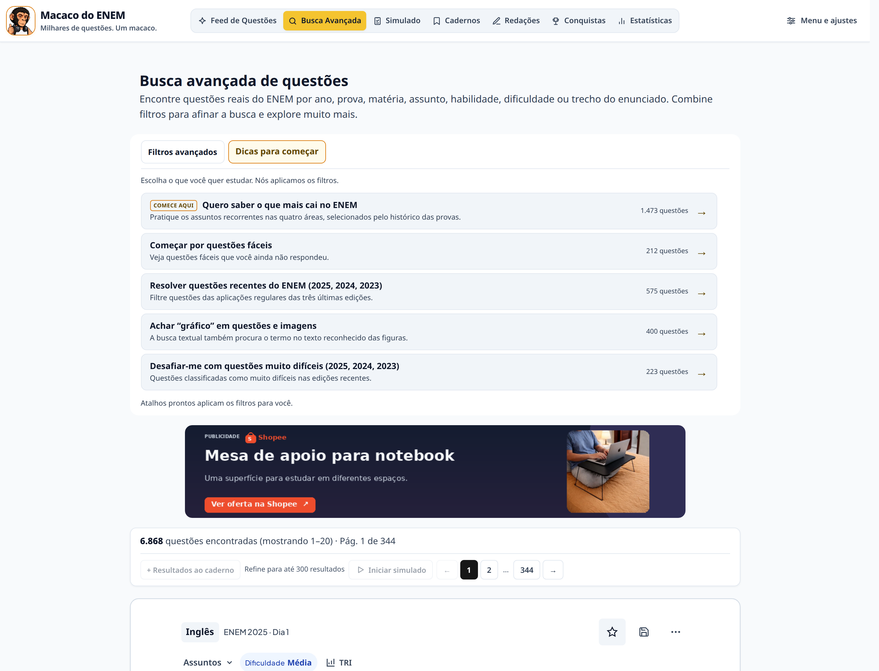 Busca do Macaco do ENEM aberta sem solicitação de cadastro.