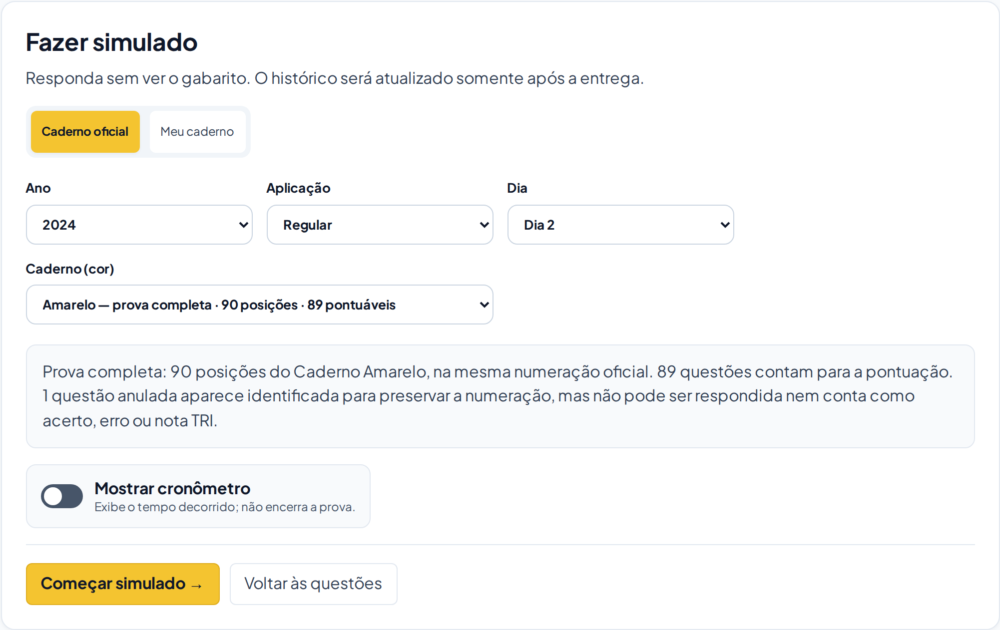 Configuração de ano, aplicação, dia e caderno no simulado.