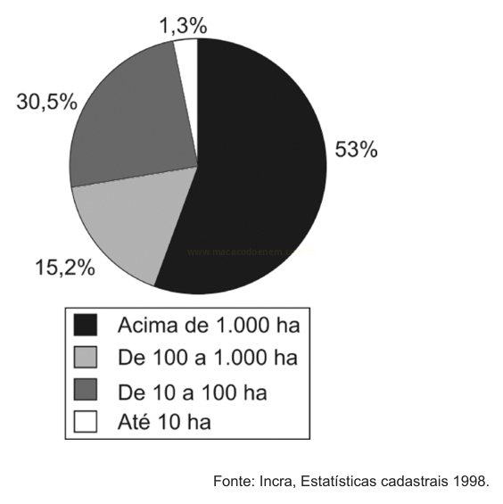Gráfico de pizza com a distribuição percentual das áreas por tamanho, destacando 53% acima de 1.000 ha.