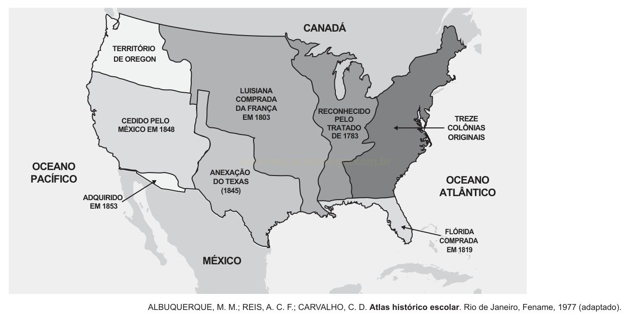 Mapa em tons de cinza da expansão territorial dos Estados Unidos, com áreas rotuladas por data de aquisição.