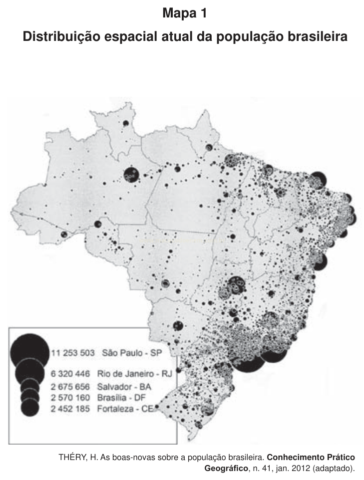 Mapa do Brasil com círculos proporcionais que representam a distribuição espacial da população brasileira.