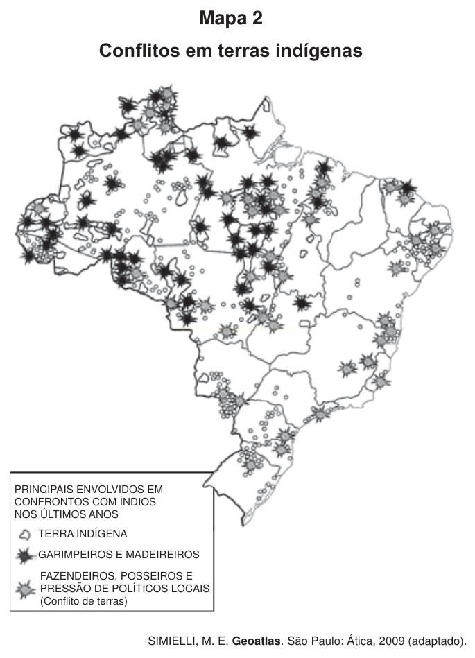 Mapa do Brasil com símbolos que indicam conflitos em terras indígenas e os grupos envolvidos.