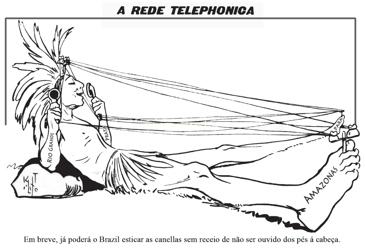 Charge em preto e branco com um indígena deitado segurando um telefone de fios esticados, com nomes de estados e o título A Rede Telefônica.