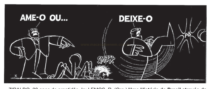 Charge em preto e branco com dois quadros: um homem aponta para uma figura caída e depois a chuta.