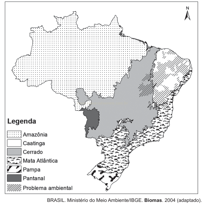 Mapa do Brasil com a distribuição dos biomas Amazônia, Caatinga, Cerrado, Mata Atlântica, Pampa e Pantanal e a marcação de áreas com problema ambiental.