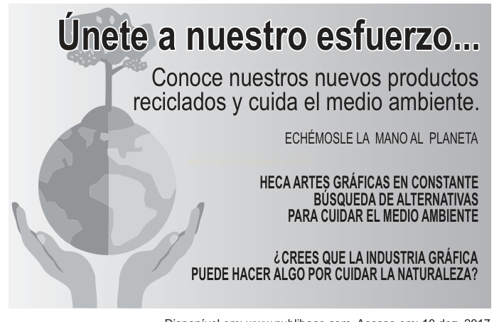 Cartaz em espanhol com mãos segurando o globo terrestre de onde brota uma árvore e textos sobre reciclagem.