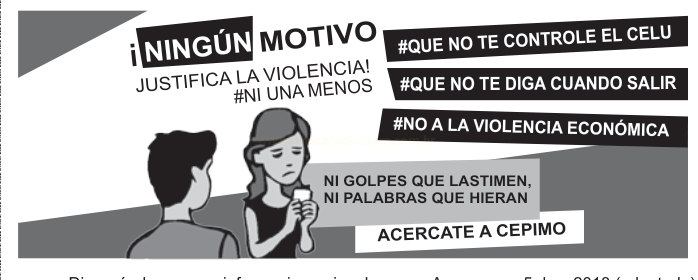Cartaz espanhol contra a violência de gênero, com frases sobre controle, violência econômica e a ilustração de uma mulher olhando o celular.