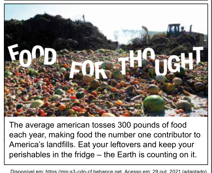 Fotografia de um aterro com grande quantidade de alimentos descartados, com a frase Food for Thought e um texto em inglês sobre desperdício.
