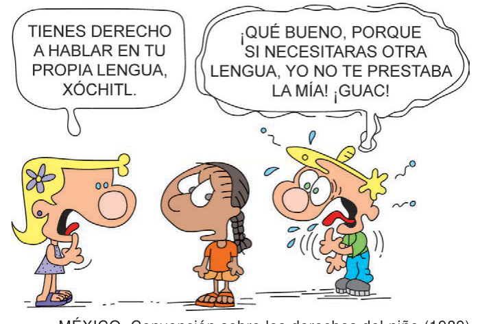 Charge com três crianças: uma menina loira fala sobre o direito de usar a própria língua e um menino de boné reage gaguejando.