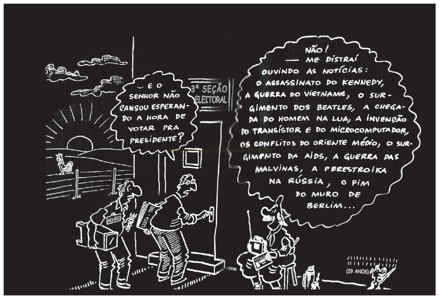 Charge em preto e branco sobre um eleitor idoso que fala de acontecimentos passados enquanto é chamado para votar.