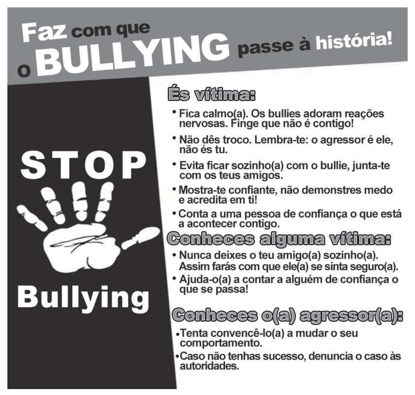 Cartaz contra o bullying com uma mão aberta e a palavra "Stop" e orientações para vítimas, amigos e testemunhas.