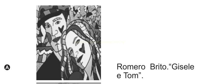 Reprodução em preto e branco da obra 'Gisele e Tom', de Romero Britto, com dois rostos de traços geométricos e corações.