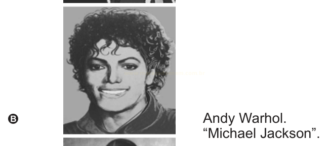 Retrato em preto e branco de Michael Jackson sorrindo, em estilo pop art, identificado como obra de Andy Warhol.