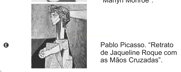 Pintura cubista em preto e branco de uma mulher sentada com as mãos cruzadas, intitulada 'Retrato de Jacqueline Roque', de Pablo Picasso.