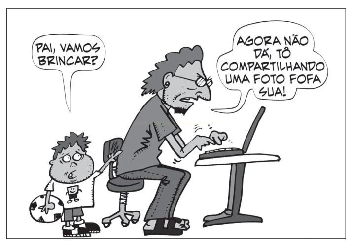 Charge de um menino pedindo ao pai para brincar enquanto o pai digita no computador.