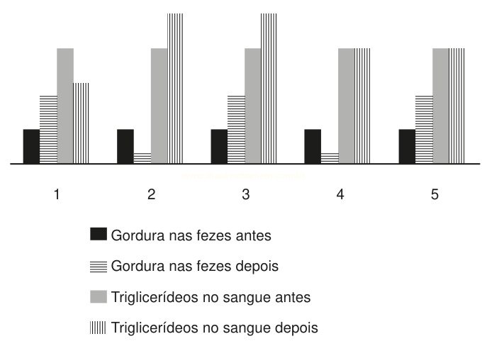 Gráfico de barras comparando gordura nas fezes e triglicerídeos no sangue, antes e depois, em cinco grupos.