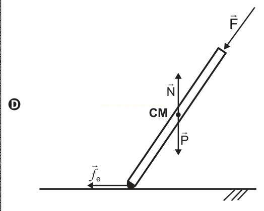 Diagrama de forças em uma barra inclinada, com F no topo, N e P no centro de massa e fe na base.