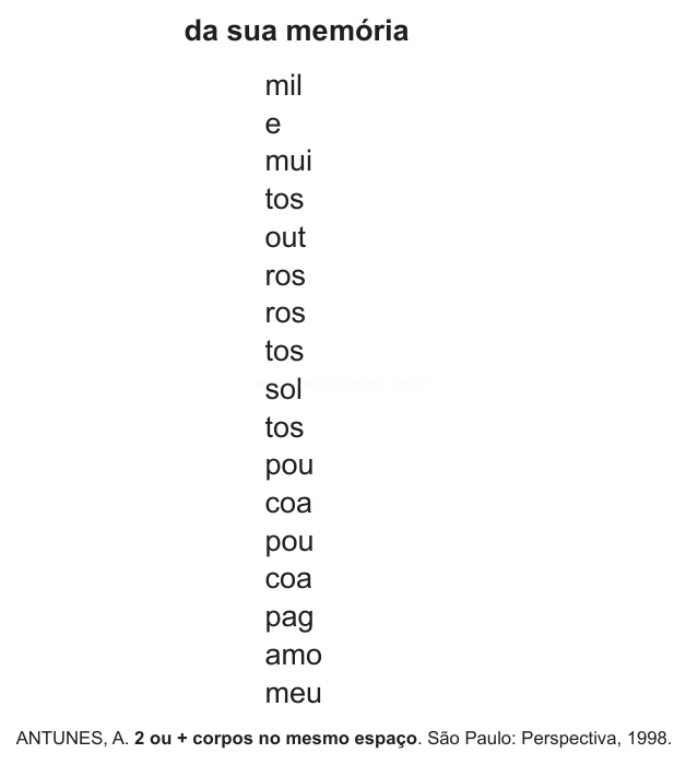 Poema concreto com o título 'da sua memória' e palavras fragmentadas dispostas em coluna vertical.