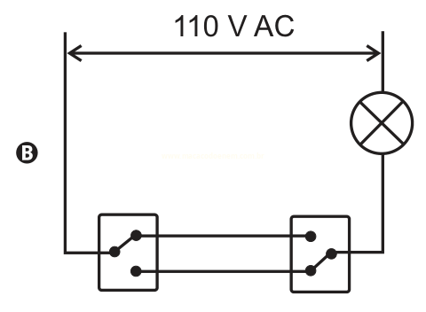 Circuito B com dois interruptores interligados por dois fios paralelos, lâmpada à direita e 110 V AC.