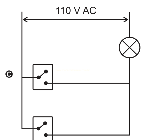 Circuito C com dois interruptores empilhados verticalmente no ramo esquerdo, lâmpada à direita e 110 V AC.