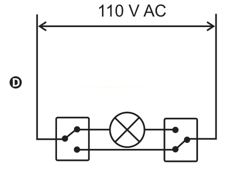 Circuito D com a lâmpada entre os dois interruptores e um fio ligando diretamente os terminais inferiores.