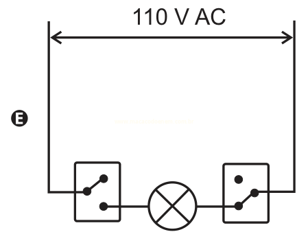 Circuito E com a lâmpada entre dois interruptores, sendo o da direita espelhado, e 110 V AC.