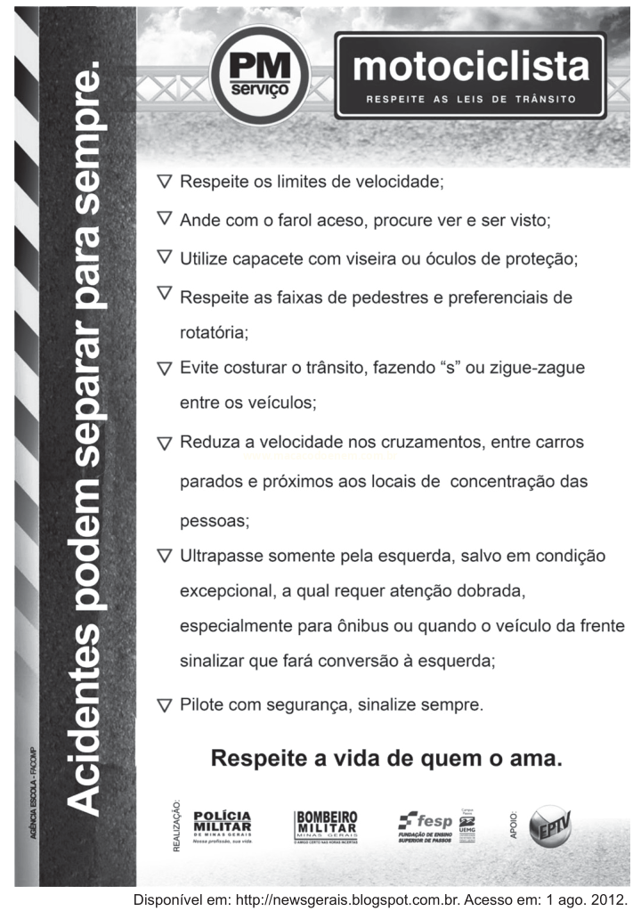 Cartaz de segurança no trânsito com orientações para motociclistas, assinado pela Polícia Militar e parceiros.