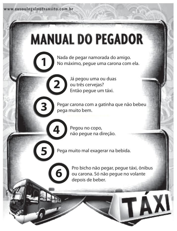 Cartaz "Manual do Pegador" com seis regras humorísticas sobre beber e não dirigir.