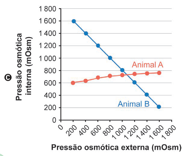 Gráfico C: a pressão interna do Animal B cai de 1600 para cerca de 210, enquanto a do Animal A sobe de 600 para cerca de 770 mOsm.