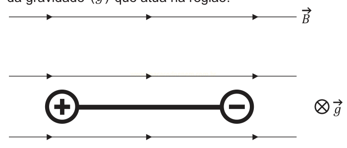 Diagrama com linhas de campo magnético B e um condutor com cargas positiva e negativa atravessado por um campo g perpendicular.