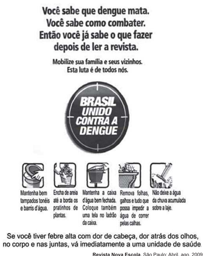Cartaz de campanha contra a dengue com selo central, cinco ícones de prevenção e textos de orientação.