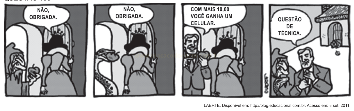 Tira de quatro quadros em que uma mulher recusa maçãs oferecidas e depois recebe uma proposta de celular.