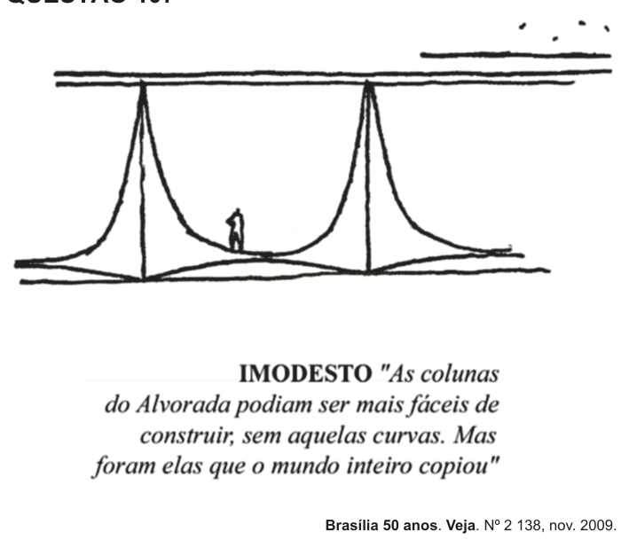 Desenho de duas colunas curvas e simétricas, com uma pessoa pequena entre elas, sob o título "IMODESTO".