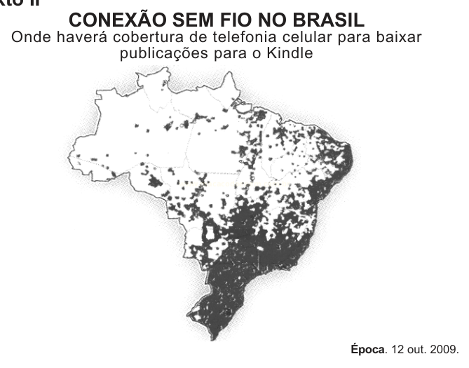 Mapa do Brasil mostrando em manchas escuras as áreas com cobertura de telefonia celular, concentradas no Sul, Sudeste e litoral do Nordeste.
