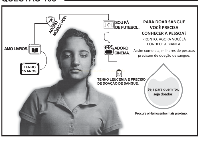 Pôster em preto e branco sobre doação de sangue, com o retrato de uma adolescente e ícones de seus interesses.