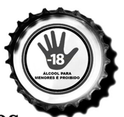 Tampa metálica de garrafa com o símbolo de mão aberta, o número -18 e aviso de proibição de álcool para menores.
