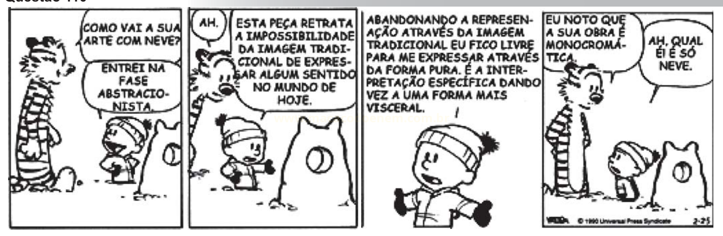 Tira de quadrinhos em preto e branco com menino e tigre conversando sobre arte abstrata feita com neve.