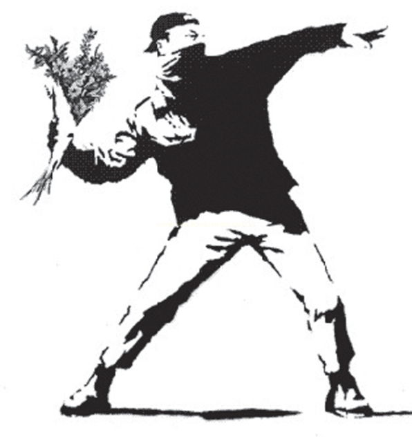 Estêncil em preto e branco de uma pessoa mascarada em posição de arremesso segurando um buquê de flores.