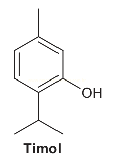 Estrutura química do timol, com grupo hidroxila, metila e isopropila ligados a um anel benzênico.