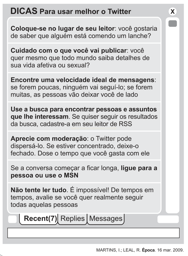 Janela com a lista 'Dicas para usar melhor o Twitter', com sete recomendações de uso e abas de mensagens na base.