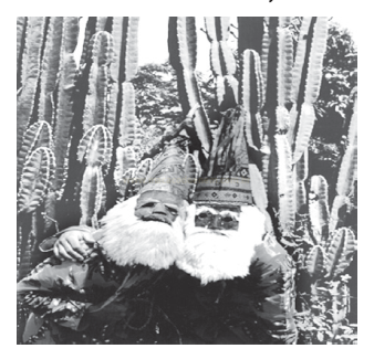 Fotografia em preto e branco de duas pessoas com toucados ornamentados e barbas brancas diante de cactos.
